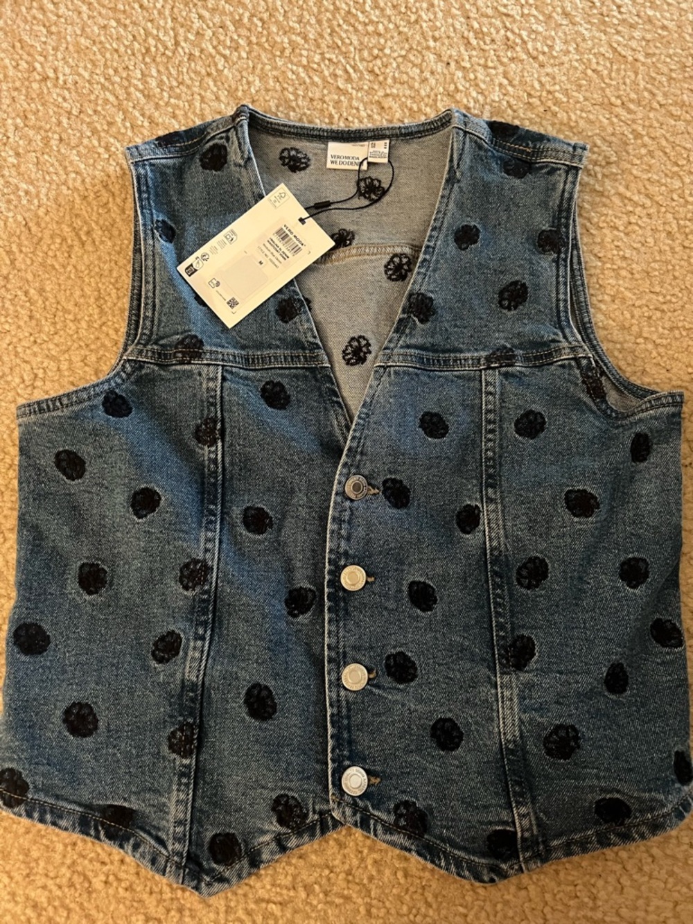 Vero Moda Light Blue Denim Vest with Black Embroidered Dots